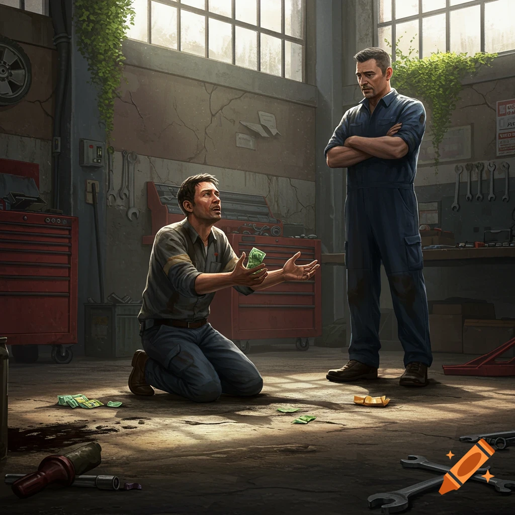 A man kneels on a dirty garage floor, holding money and pleading with another man in work overalls who stands with crossed arms, refusing.