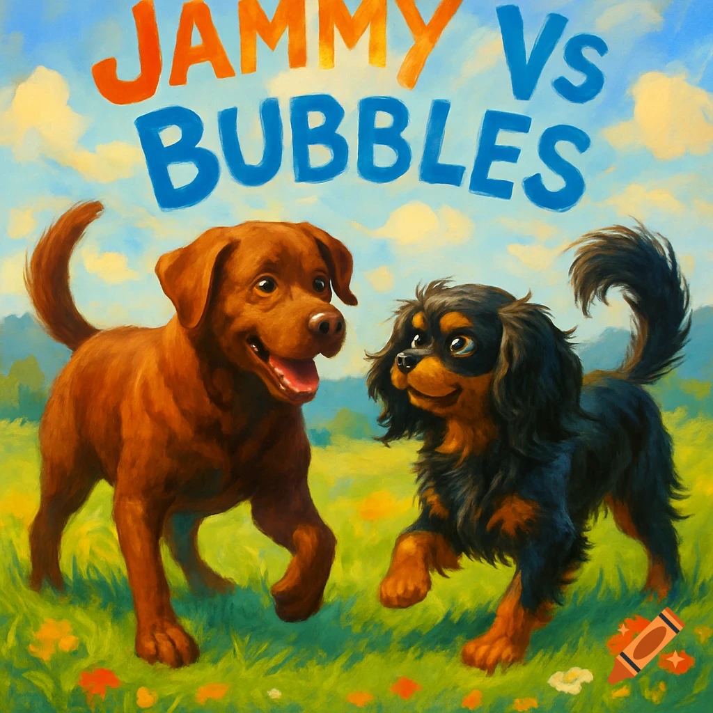 A vibrant painting of a happy chocolate Labrador and a black Cavalier King Charles Spaniel playing in a field under text 'JAMMY VS BUBBLES'.
