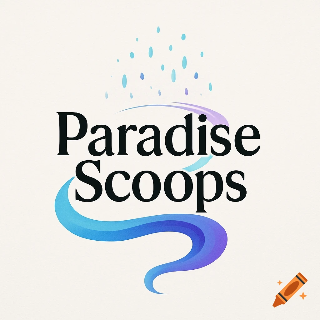 Logo for Paradise Scoops featuring black serif text, blue and purple gradient swooshes, and scattered light blue and purple dots on a cream background.