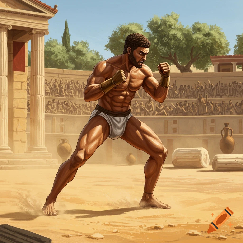 A muscular ancient Greek Pankration fighter in a fighting stance in a sandy arena with columns and a seated crowd.
