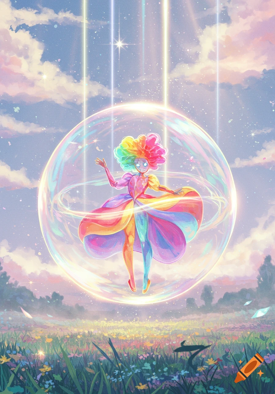A vibrant, rainbow-colored character with glowing eyes stands inside a large iridescent bubble in a field of flowers under a pastel sky.