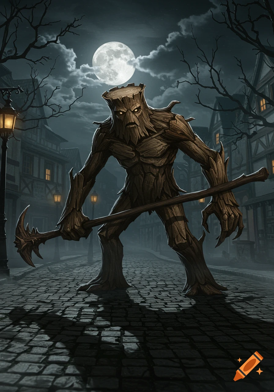 A menacing log monster with glowing eyes holds a staff in a dark, cobbled town street under a full moon.