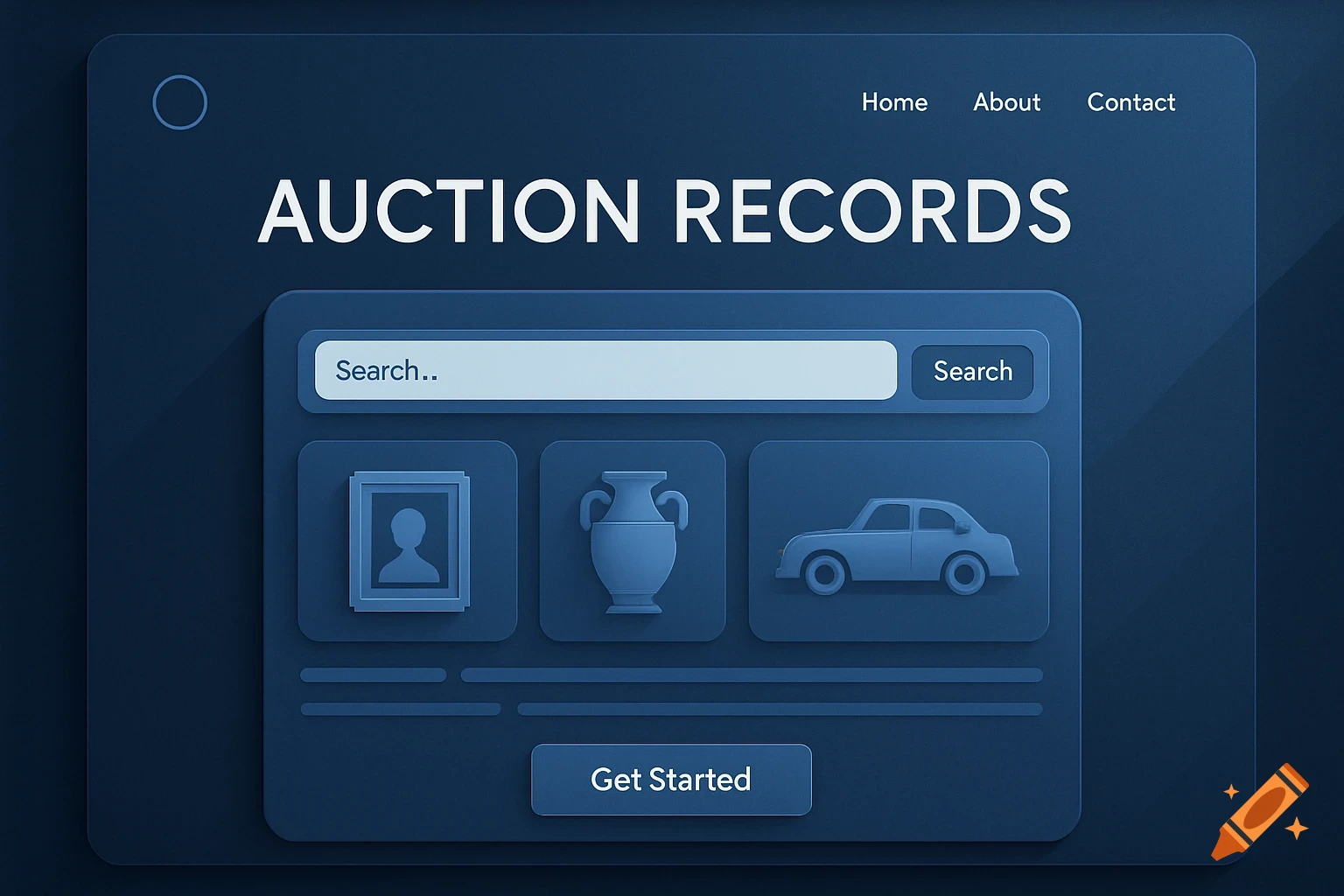 A dark blue UI design for an auction records website with search bars and icons for profile, vase, and car items.