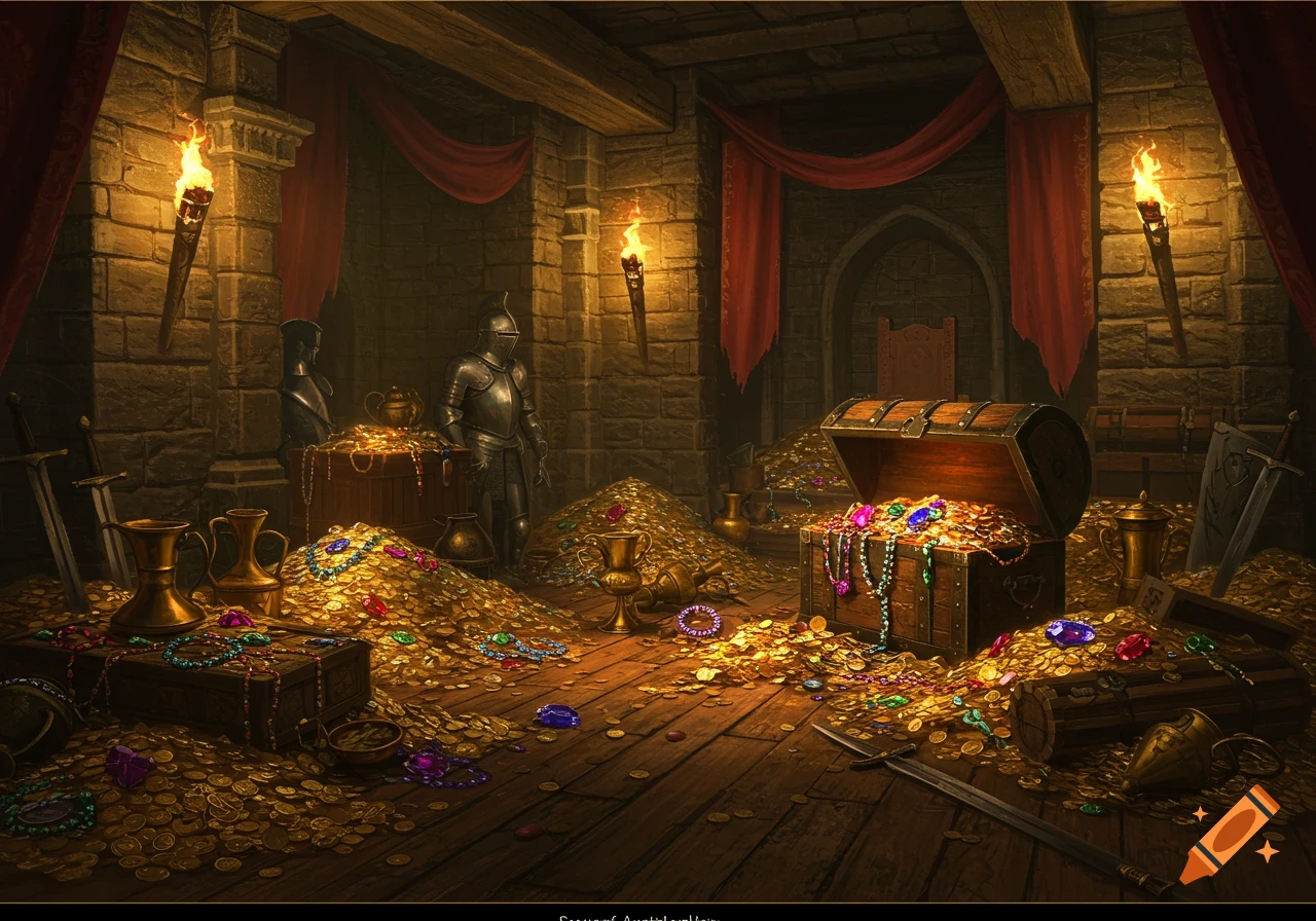 A vast treasure hoard in a dimly lit stone room, featuring piles of gold coins, colorful jewels, open chests, armor, and swords.