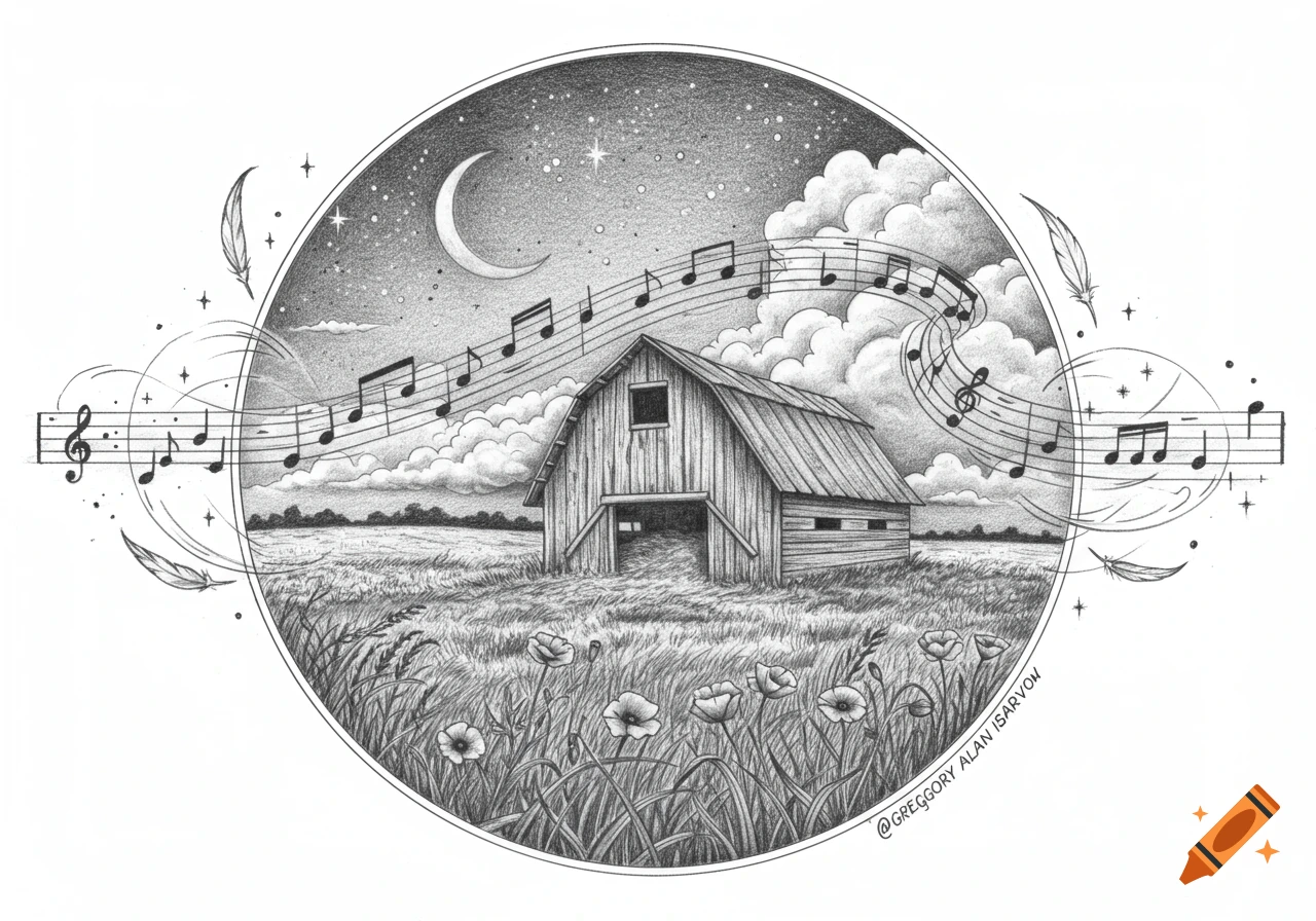 Black and white pencil sketch in a circular frame showing a barn in a field under a starry night sky with musical notes swirling above.