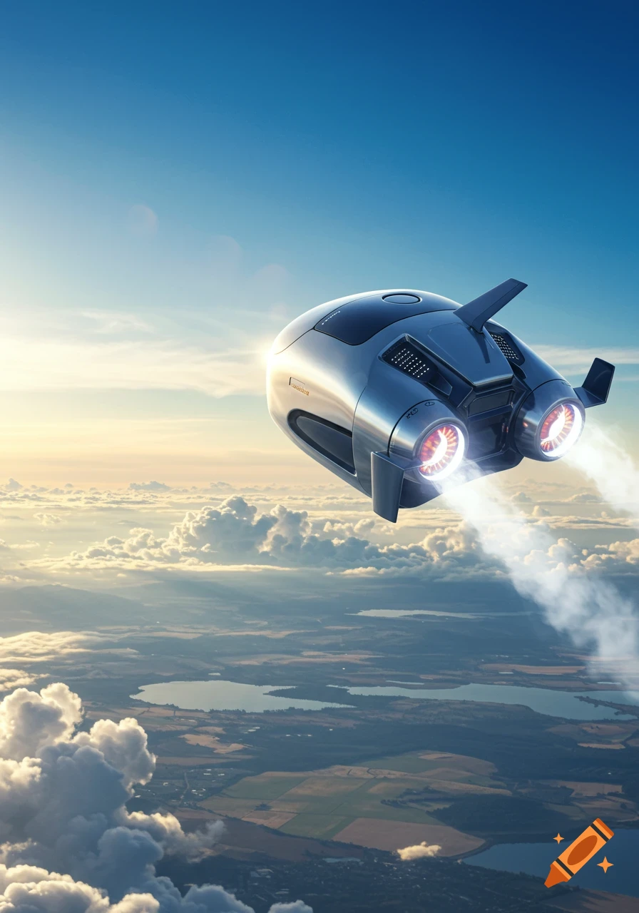 A futuristic silver flying vehicle with glowing jet engines soars above clouds, lakes, and farmland under a bright blue sky at sunset.