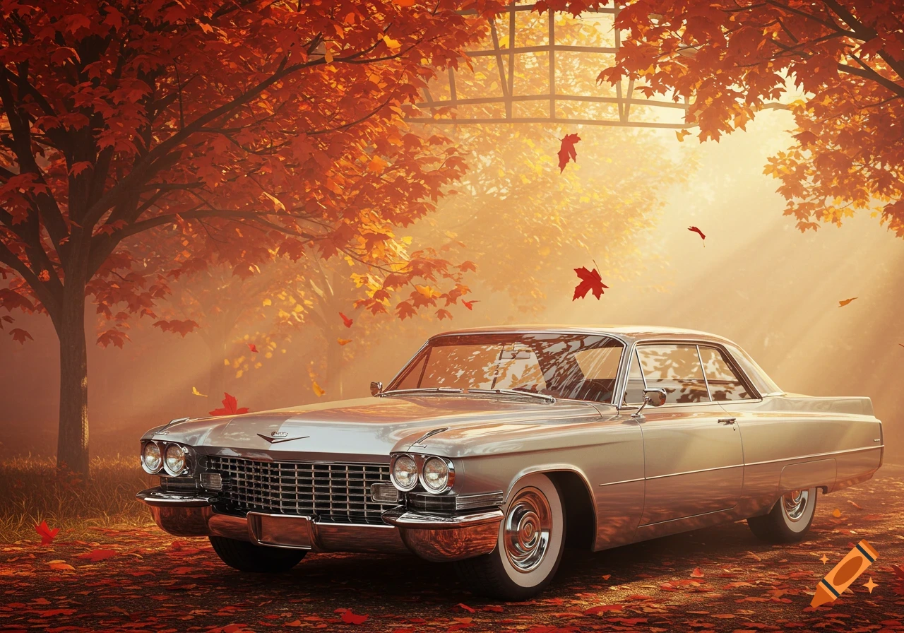 A vintage silver Cadillac parked in a sunlit autumn forest, surrounded by orange and red maple leaves on the ground and trees.