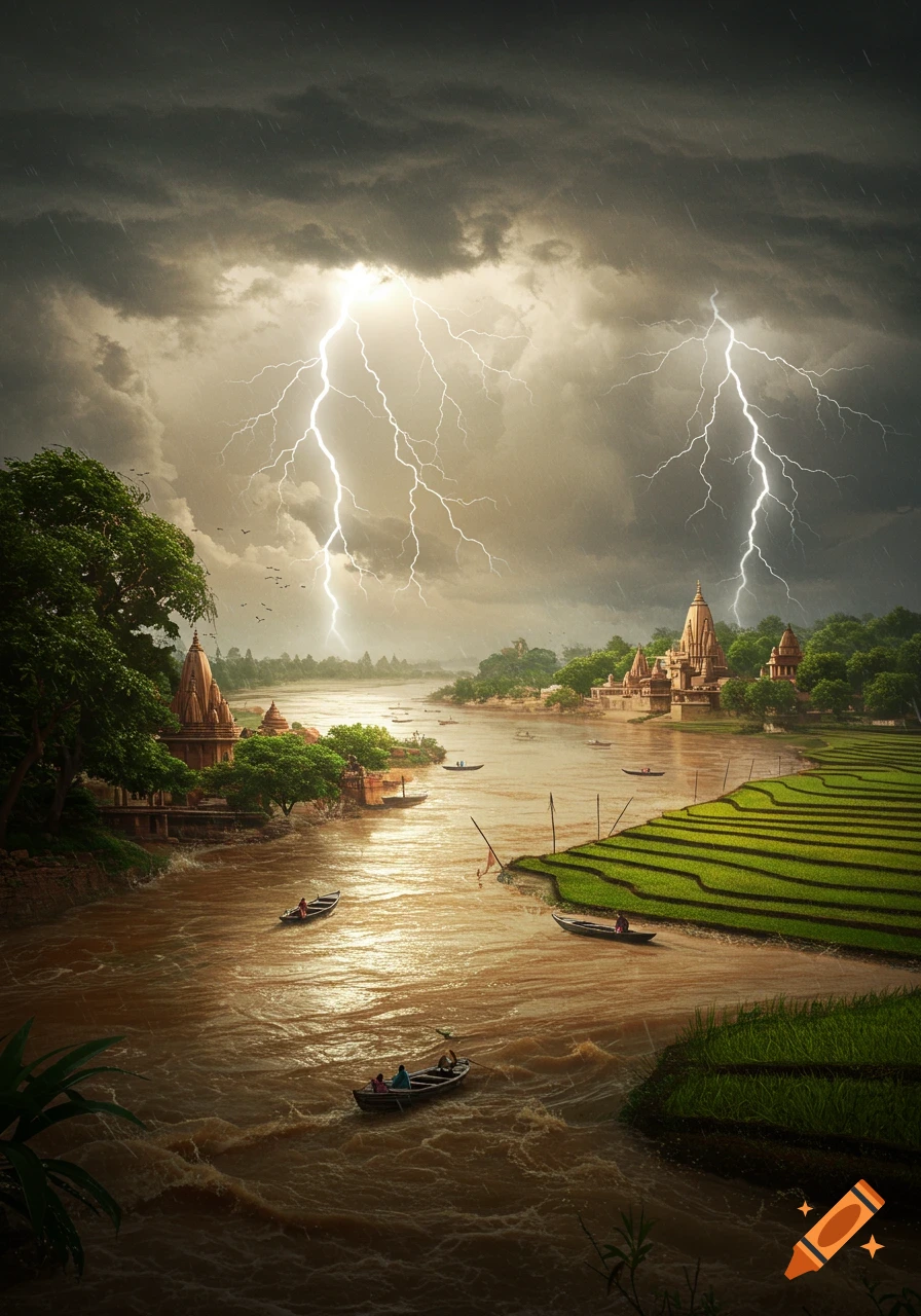 A wide, muddy river with boats, flanked by temples and terraced rice paddies, under a stormy sky with multiple lightning strikes.