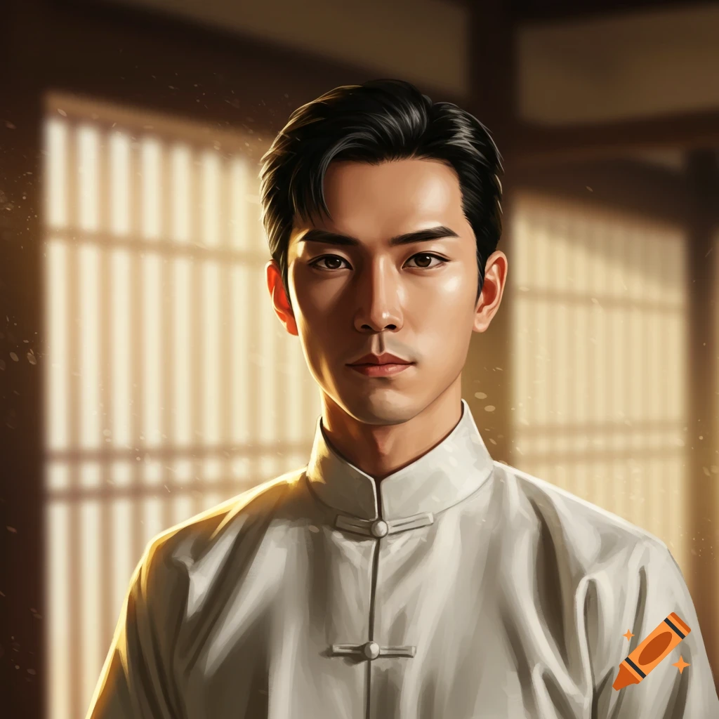 Stylized painting of a handsome Asian man in a white traditional shirt, against a warm, softly lit background.