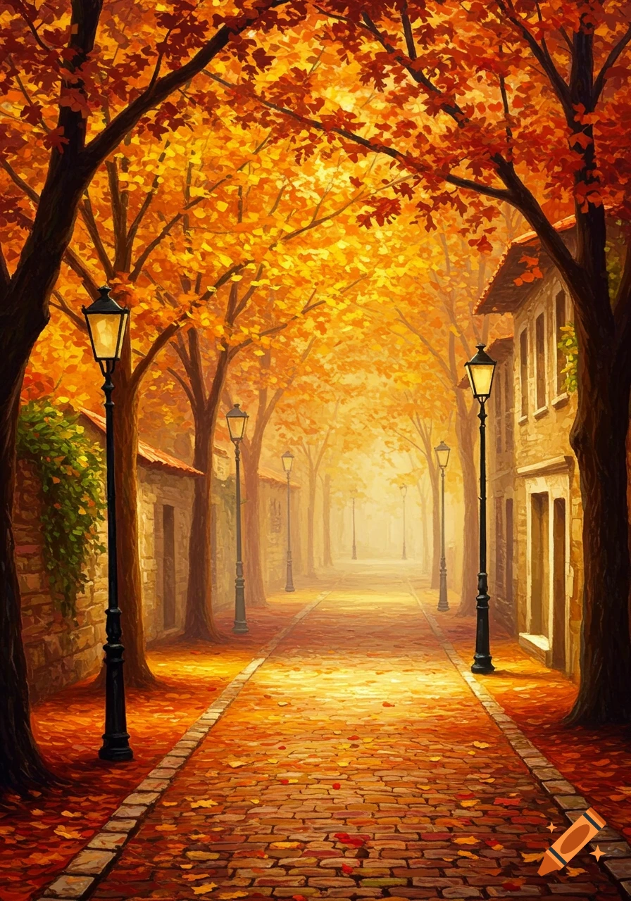 Vibrant oil painting of an autumn street with golden trees, lampposts, and a cobblestone path lined with buildings.