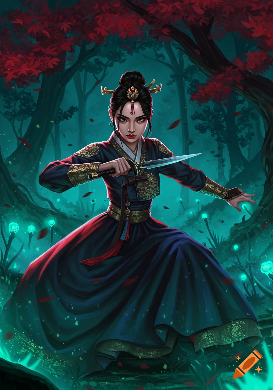 A fierce woman in an ornate dark hanbok holds a dagger in a mystical forest with glowing plants and red leaves. Digital art.