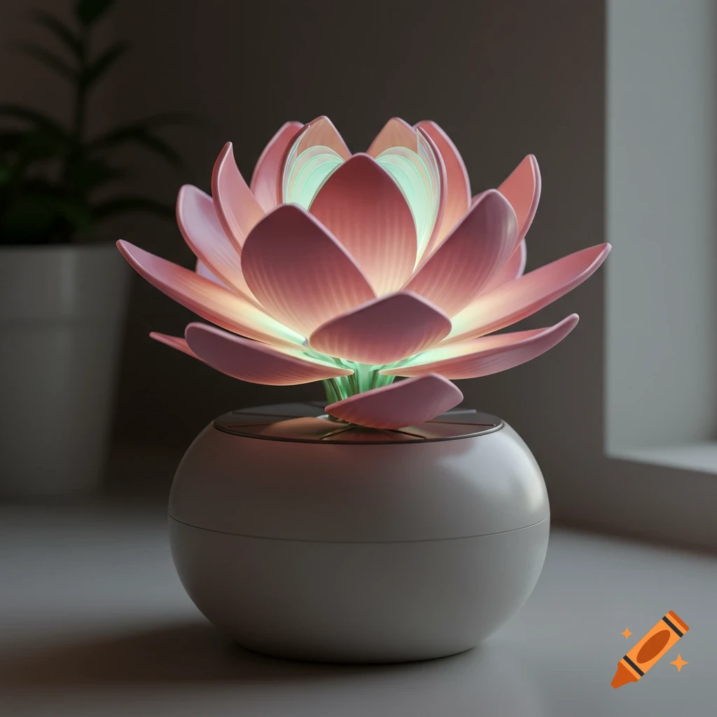 A glowing pink and mint green lotus-like plant device in a white spherical pot, sitting on a surface.