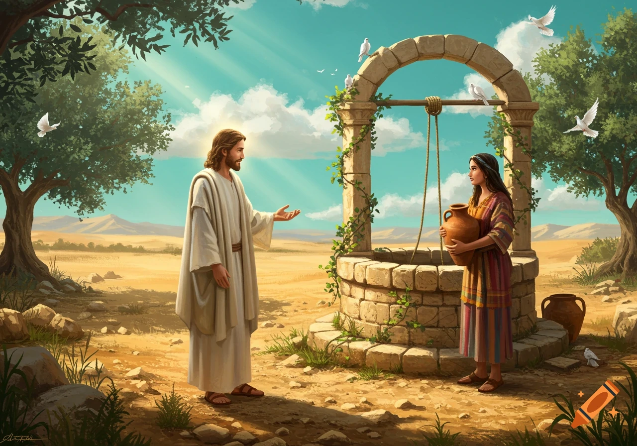 Jesus in white robes gestures to a woman holding a clay pot by a stone well in a sunny desert scene with doves.