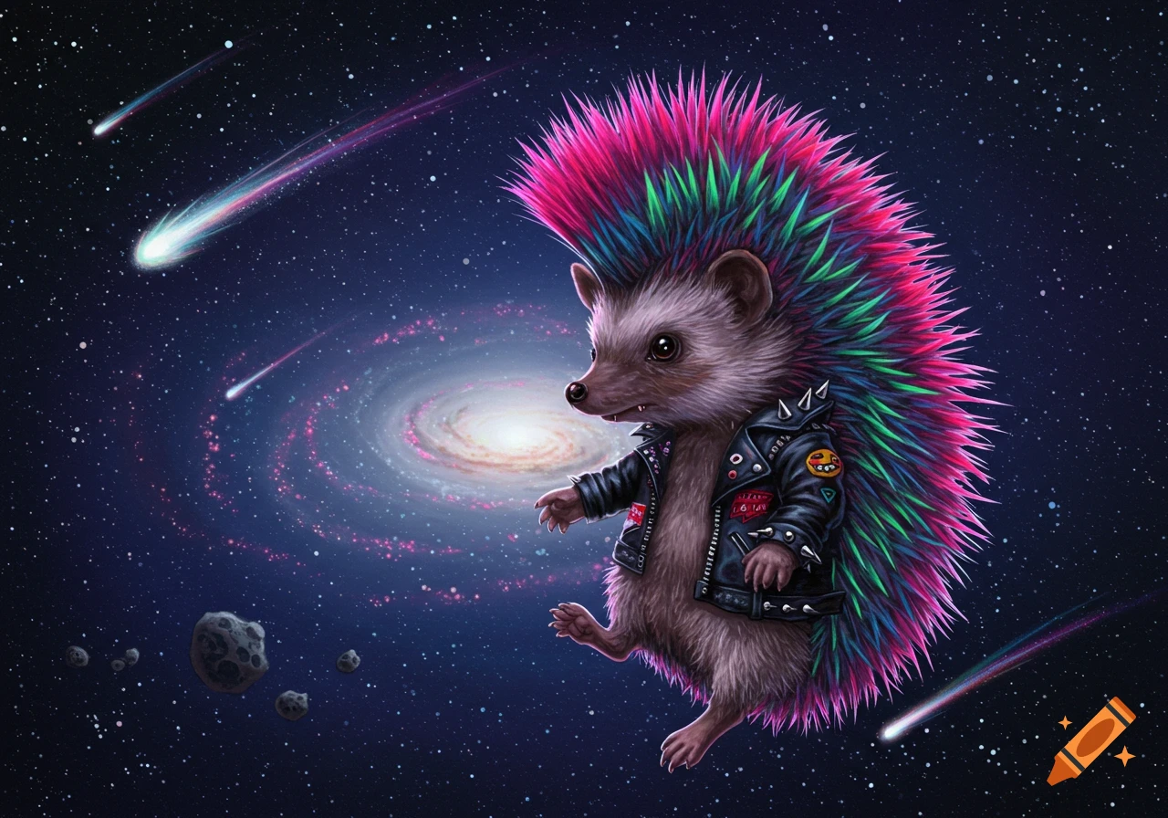 A cartoon punk hedgehog with a vibrant pink and green mohawk wearing a studded leather jacket floats in space with a galaxy and comets.