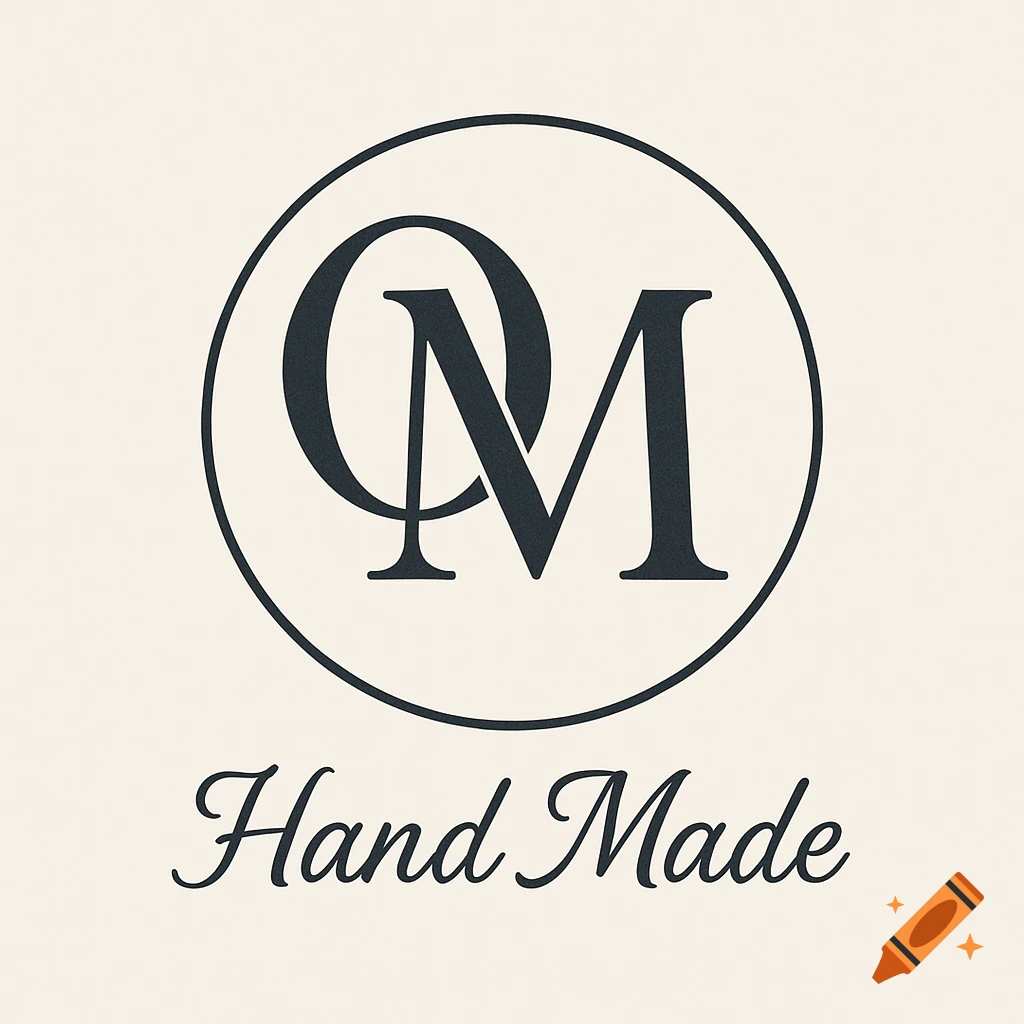 A black and white monogram logo featuring an intertwined 'O' and 'M' within a circle, above the words 'Hand Made' in script.