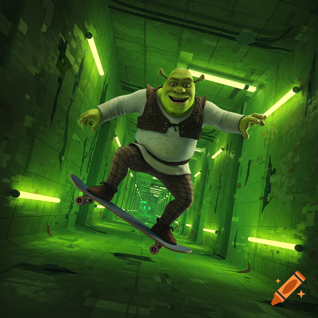 Shrek grins while skateboarding through a green, neon-lit, futuristic tunnel.