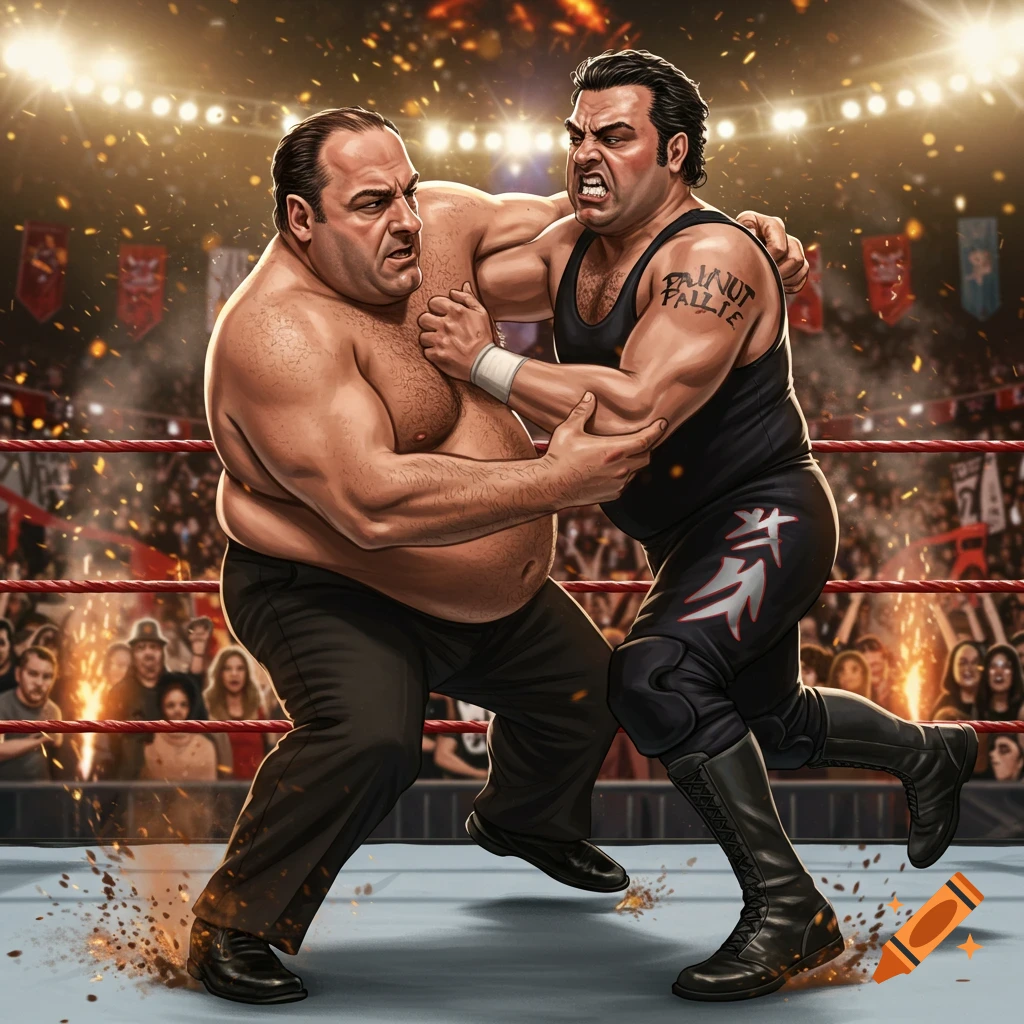 Stylized illustration of two wrestlers, resembling Tony Soprano and Paulie Walnuts, grappling in a brightly lit ring.