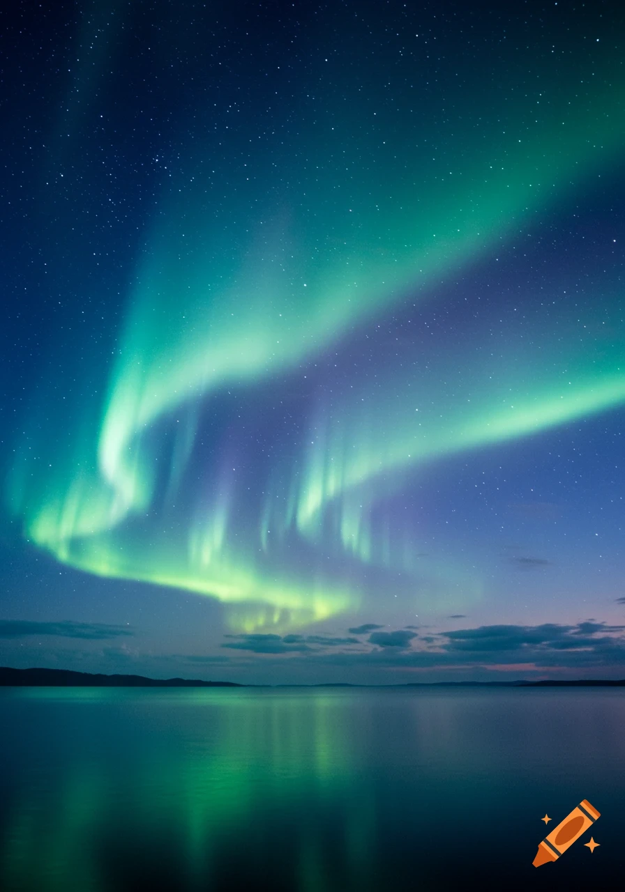 Vibrant green and blue aurora borealis lights illuminate a starry night sky over a calm body of water with distant land.