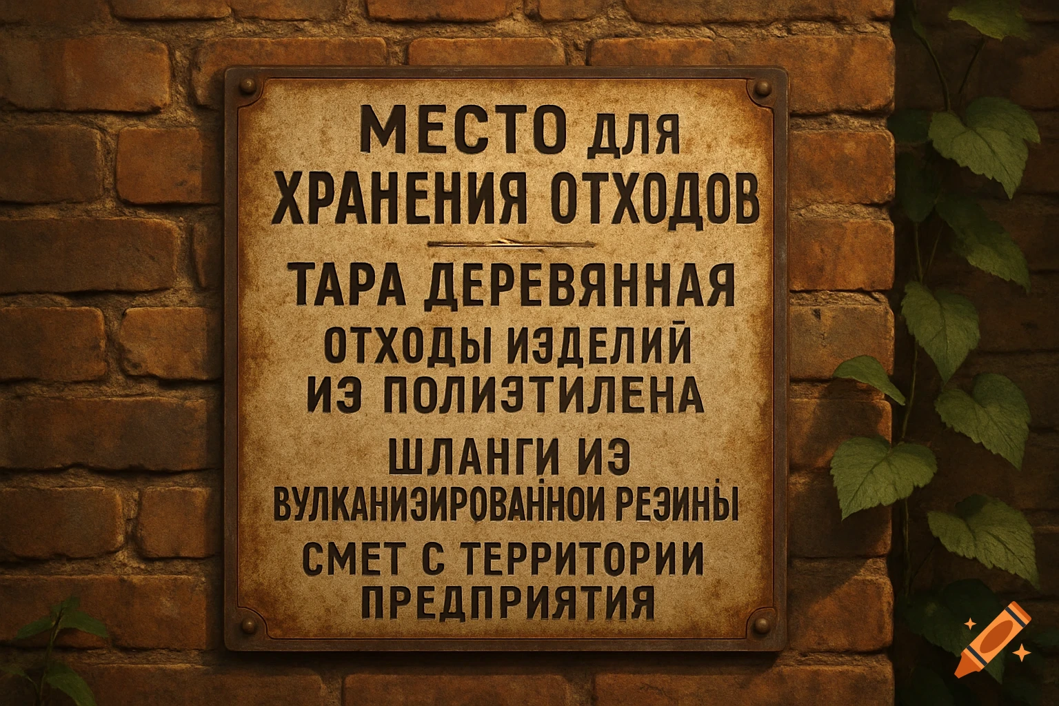 An old, weathered brown sign with black Cyrillic text on a brick wall, with green vines trailing down the right side.