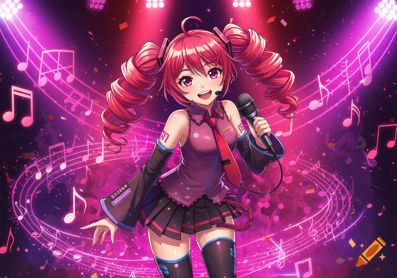 An anime girl with pink pigtails, wearing a purple and black outfit with a red tie, singing into a microphone on a stage with pink spotlights and floating musical notes.