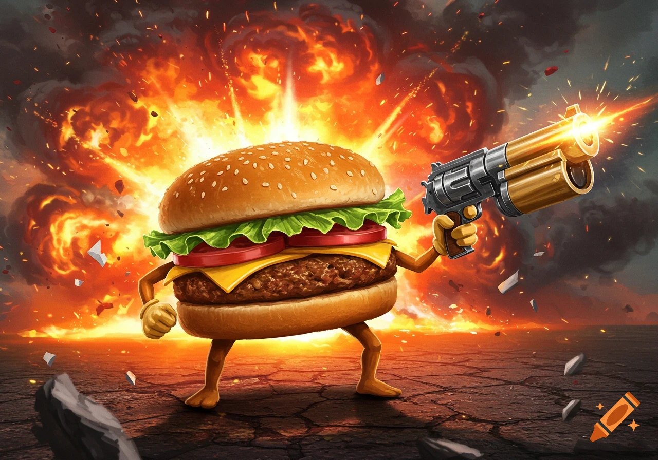 A cartoon burger with arms and legs holds a firing gun against a vibrant explosion background.