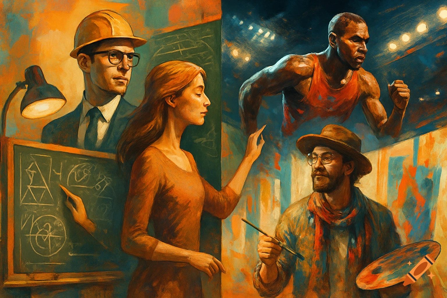 A vibrant, painterly collage depicting an engineer, a teacher with a blackboard, an athlete running, and an artist with a palette.