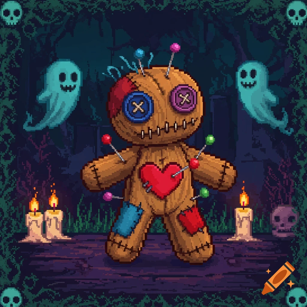 An 8-bit pixel art voodoo doll with button eyes and a red heart, covered in pins, stands between two lit candles and two teal ghosts in a dark, spooky forest.