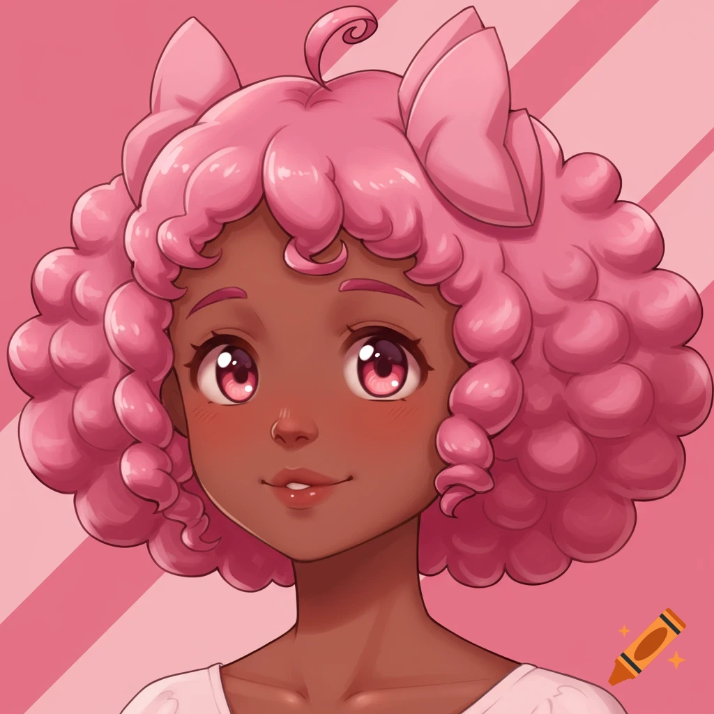 Close-up of a dark-skinned anime girl with fluffy pink hair, pink bows, and large pink eyes smiling against a pink striped background.