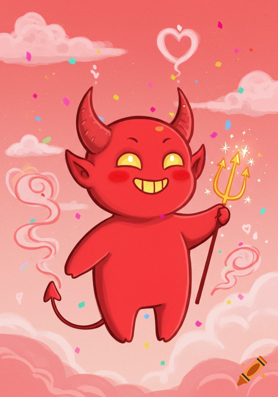 A cute, red, cartoon devil with horns and a tail, smiling and holding a sparkling golden trident, surrounded by pink clouds and colorful confetti.