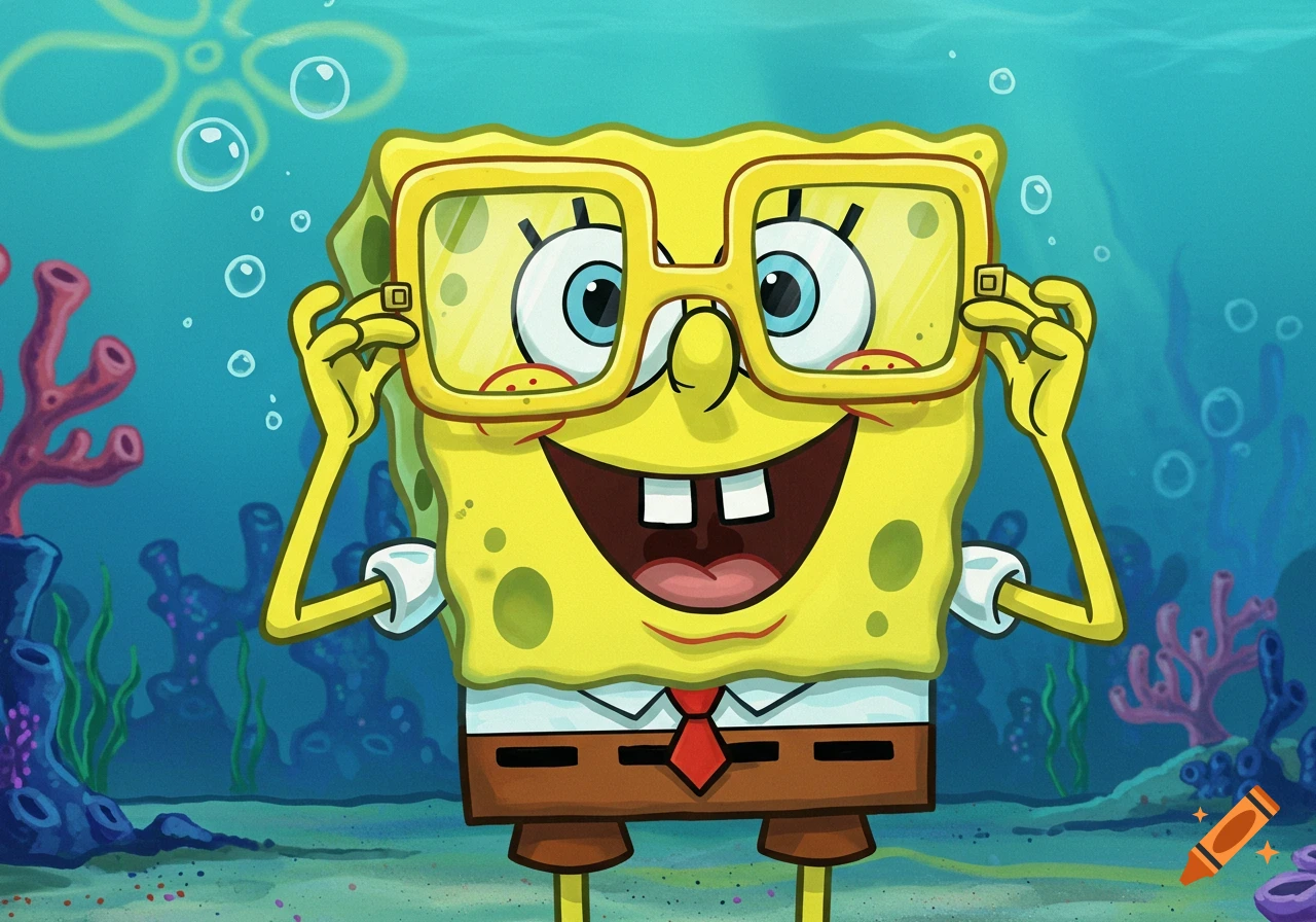 SpongeBob SquarePants happily wears large yellow square glasses while underwater with bubbles and coral.