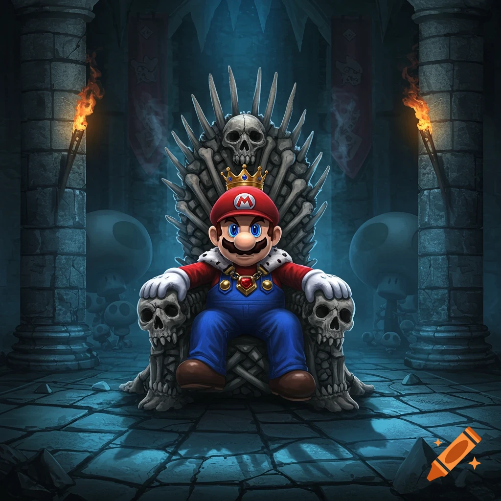 Mario wearing a crown and regal cape, sitting majestically on a throne made of bones and skulls in a dark dungeon with torches.