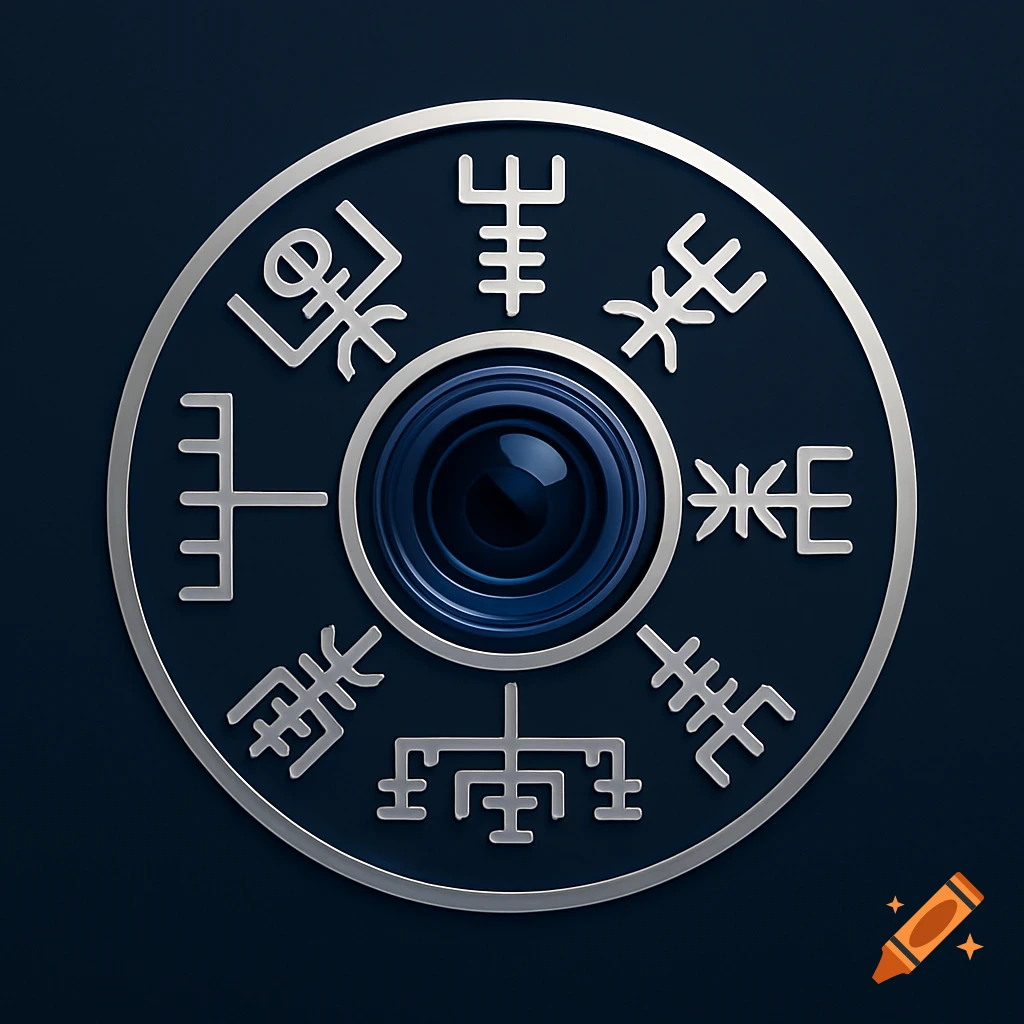 A silver circular logo featuring a camera lens in the center, surrounded by stylized runic symbols on a dark blue background.