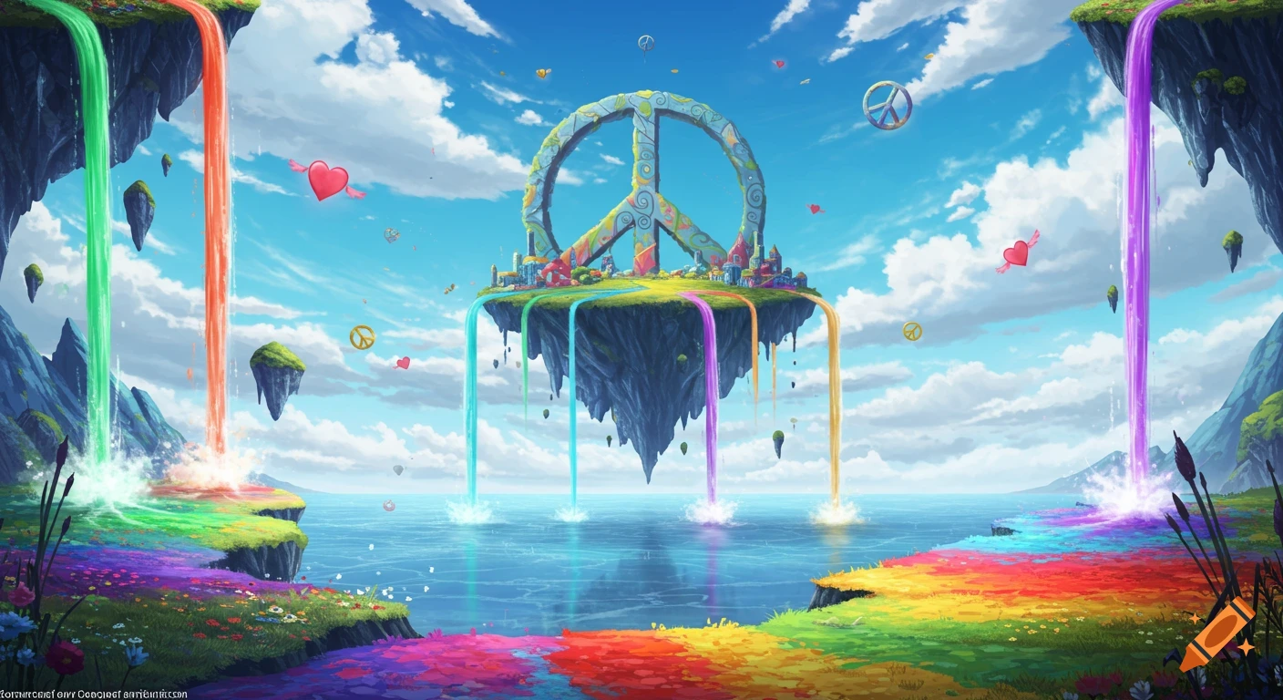 Vibrant animated fantasy landscape with a large peace sign on a floating island, rainbow waterfalls, colorful terrain, and flying hearts and peace signs.