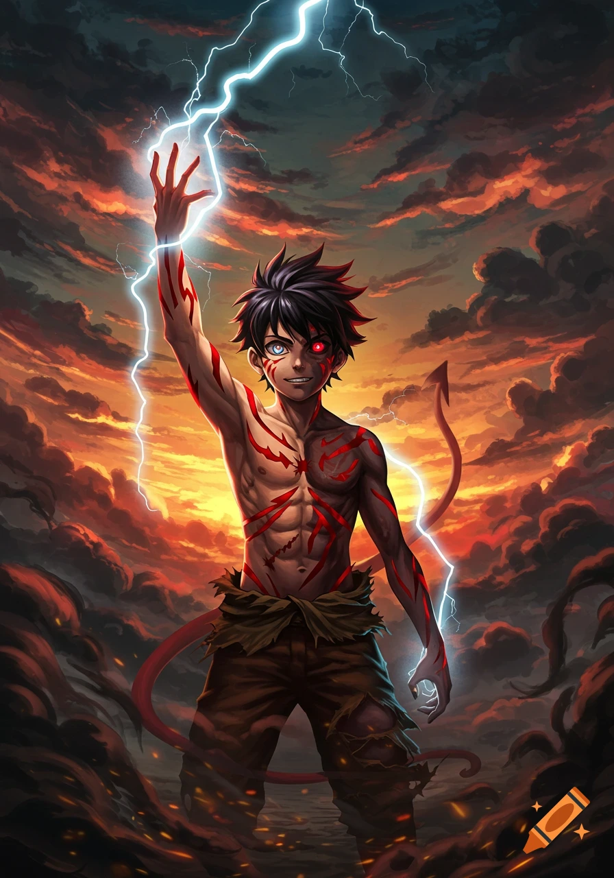 A shirtless demon boy with red markings and a tail summons lightning under a dramatic fiery sky, anime style.