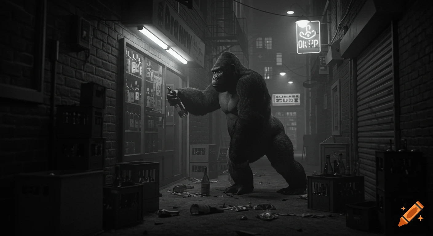 A monochromatic film noir style image of a large gorilla holding a liquor bottle in a dark, trash-strewn urban alleyway.
