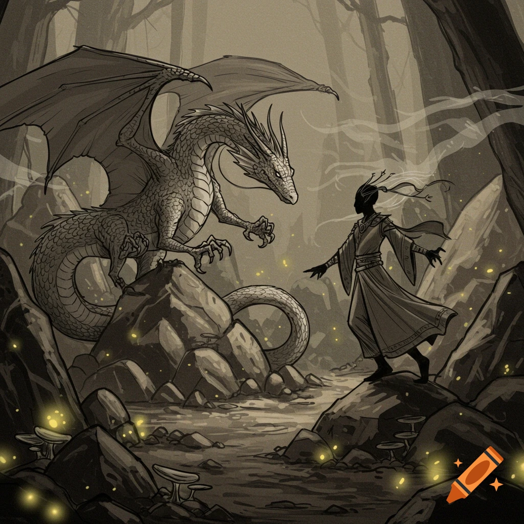 A hand-drawn sepia-toned illustration of a large dragon and a shadow-like human figure facing each other in a dark, misty forest with glowing mushrooms.