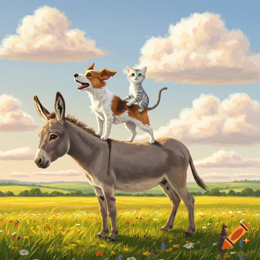 A cute illustrated donkey, dog, and cat are stacked in a vibrant field under a cloudy sky.
