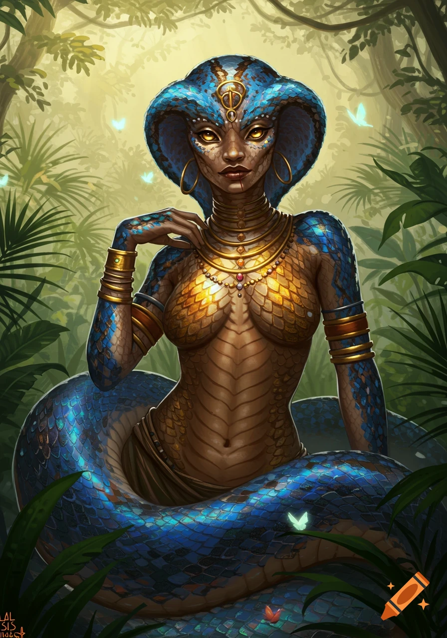 An African female snake humanoid with blue and gold scales, adorned with jewelry, in a lush jungle setting.