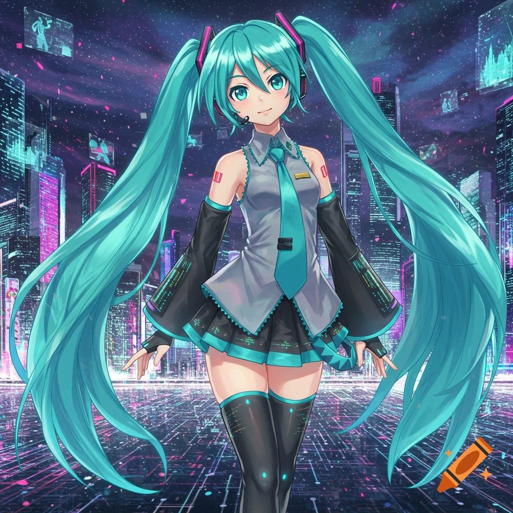 An anime girl with long turquoise pigtails and a futuristic outfit stands in a neon-lit city at night.
