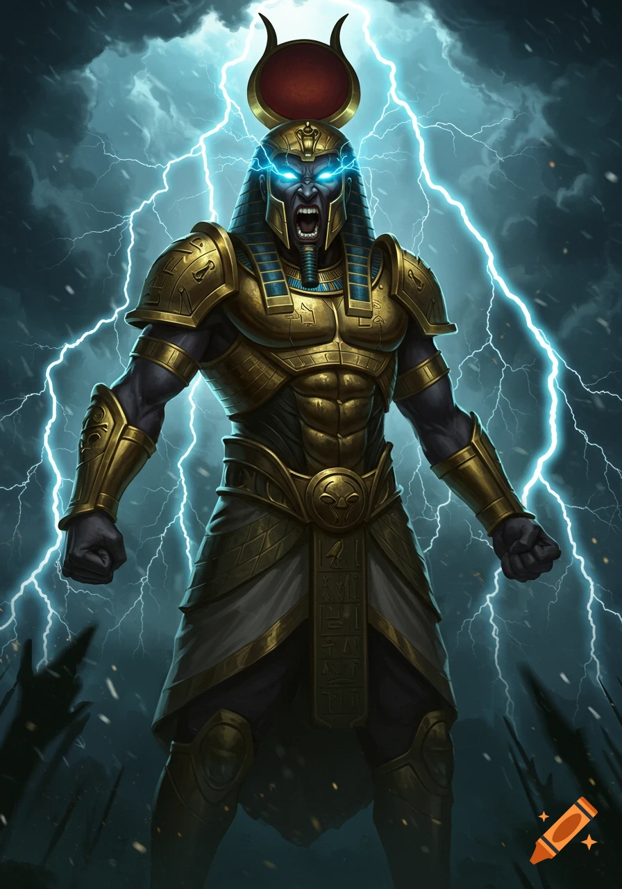 A powerful Egyptian warrior-god with a falcon headpiece, glowing blue eyes, and golden armor stands amidst a storm with lightning.