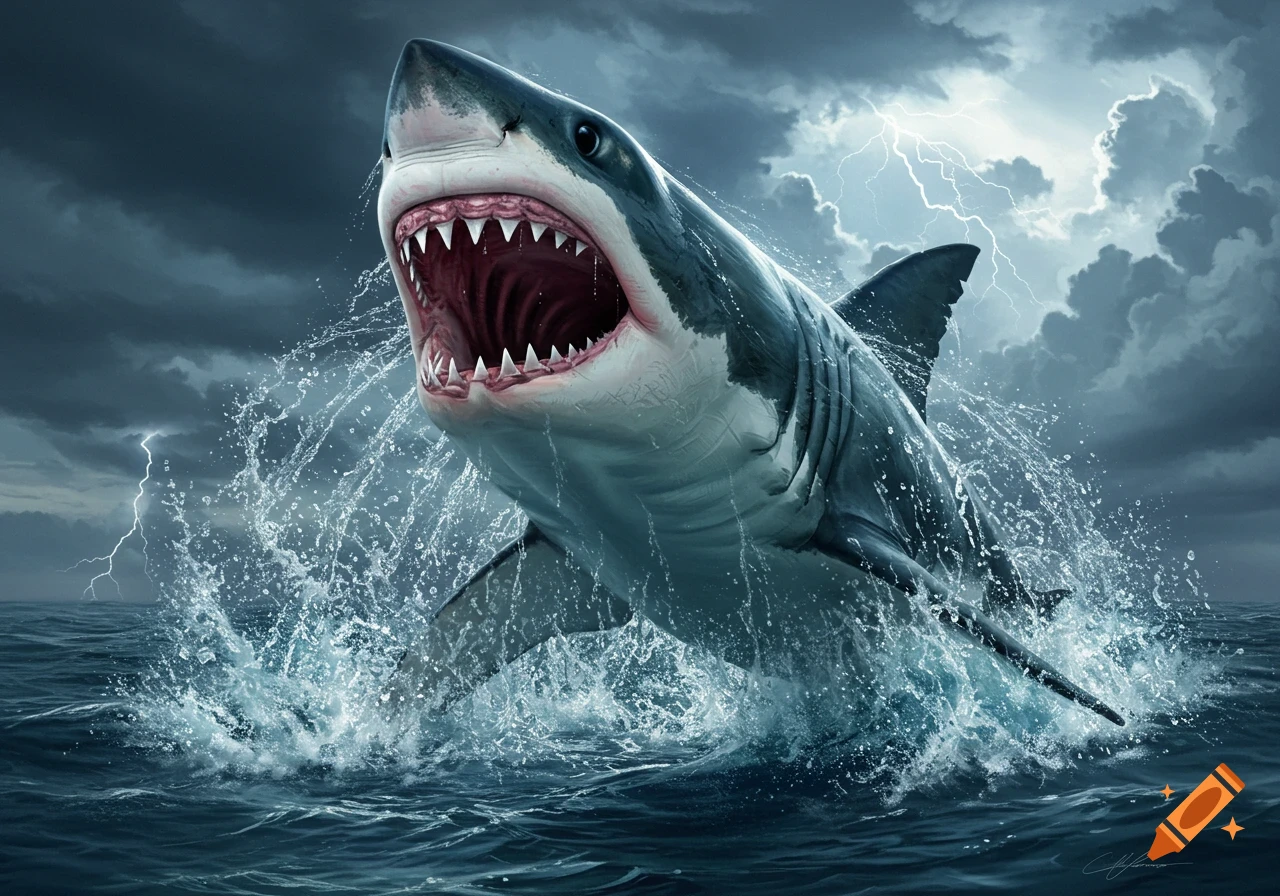 A great white shark dramatically jumps out of stormy ocean water with its jaws wide open as lightning strikes in the dark sky.