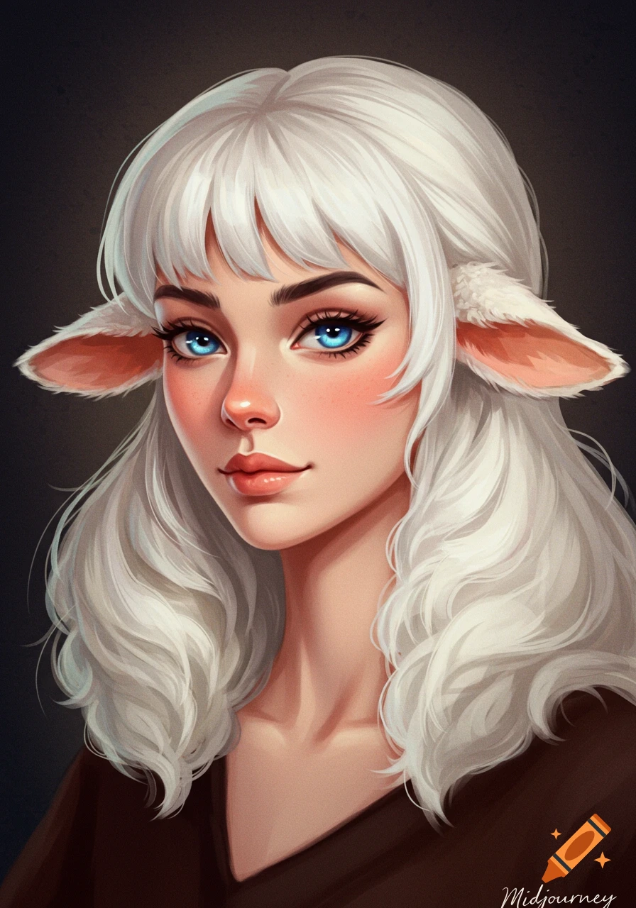 Digital portrait of a young female fantasy character with white hair, fluffy sheep ears, blue eyes, and a gentle expression.