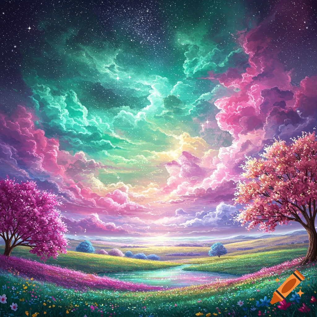 A vibrant fantasy landscape with pink flowering trees, a stream, colorful flowers, and a starry sky with swirling teal and pink clouds.
