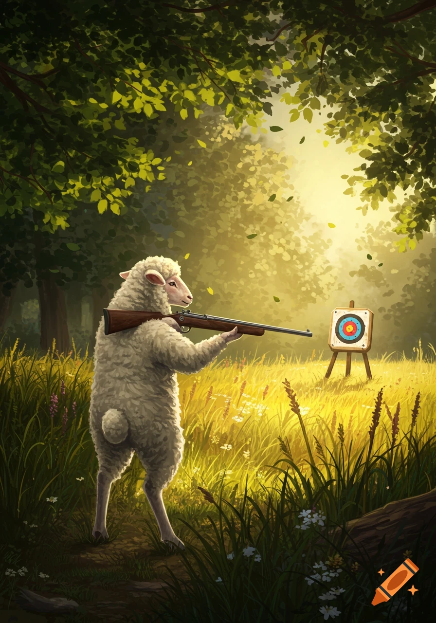 An anthropomorphic sheep stands upright in a sunny forest clearing, holding a rifle and aiming at a colorful target.