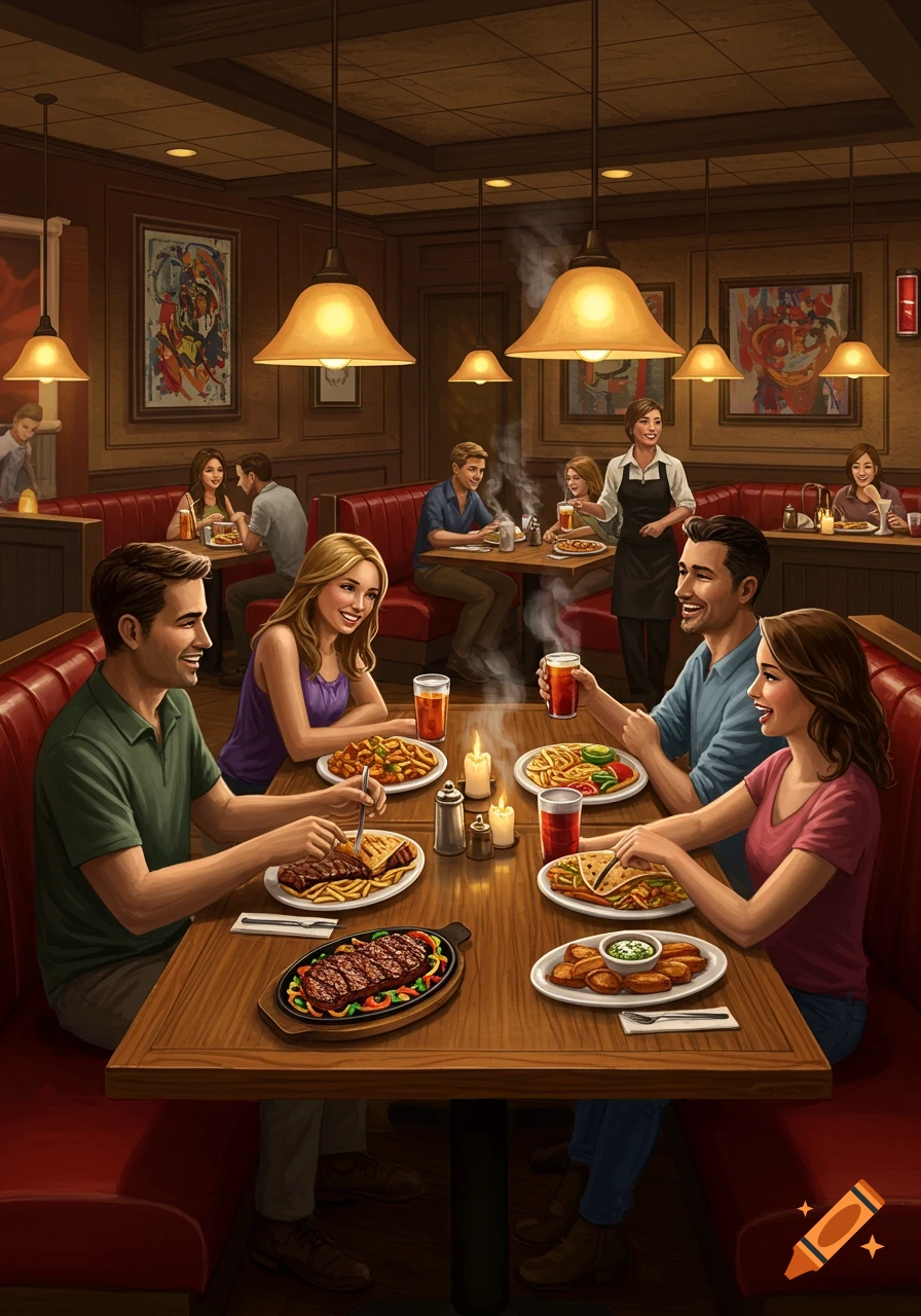 People are dining and conversing at tables in a lively, warm-lit restaurant with red booths and hanging lamps.