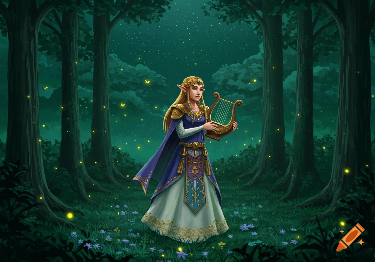 An elf-like woman in a blue and white dress stands in an enchanted forest at night, holding a golden lyre, with glowing fireflies around her.
