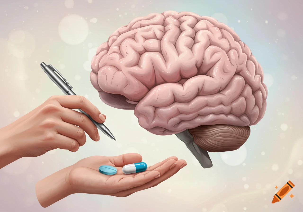 A stylized illustration of a human brain next to two hands, one holding a pen and the other holding a blue pill and a capsule.