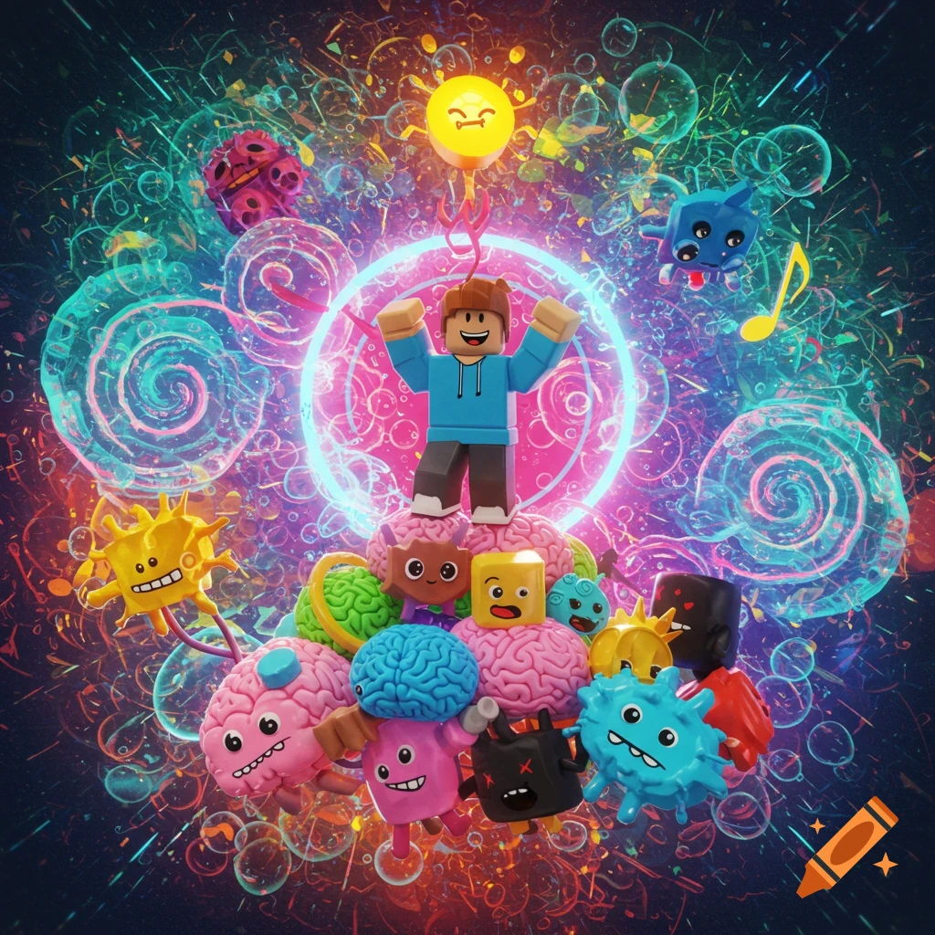 A Roblox character on a pile of colorful, cartoonish brain creatures, against a vibrant, abstract neon background.