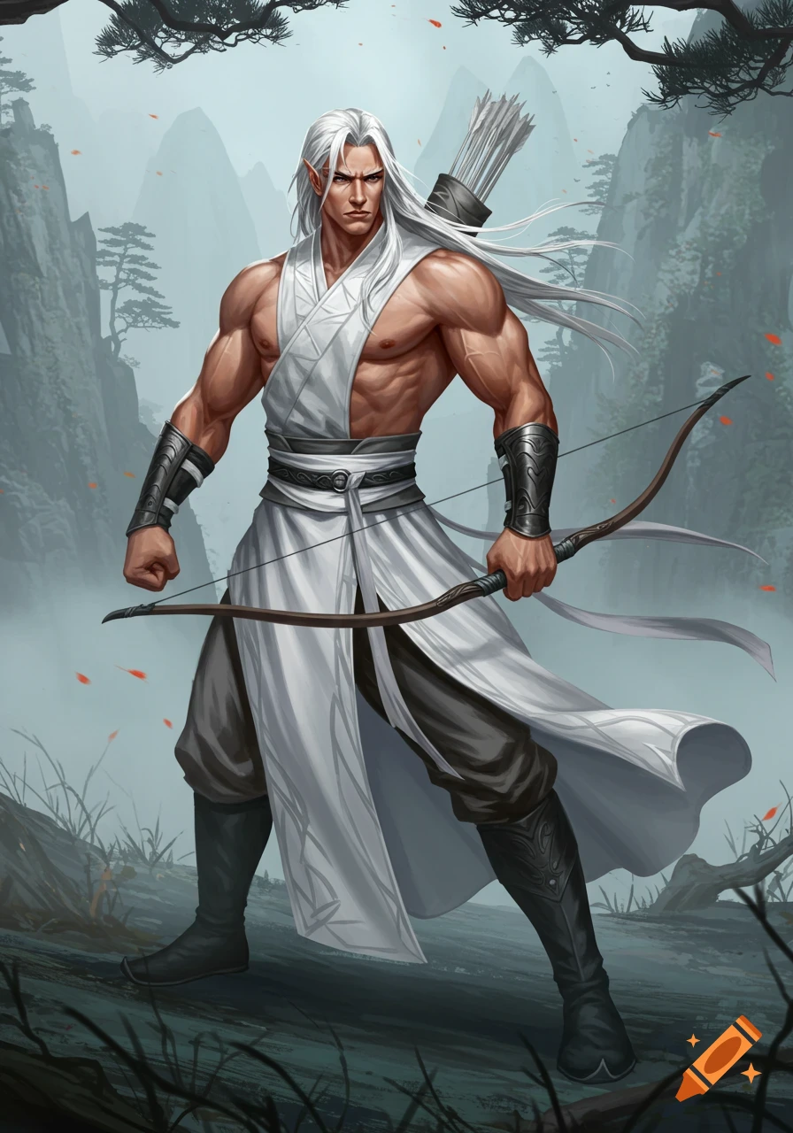 Muscular white-haired male elf in white hanfu with a bow stands in a misty mountain landscape. Fantasy art style.