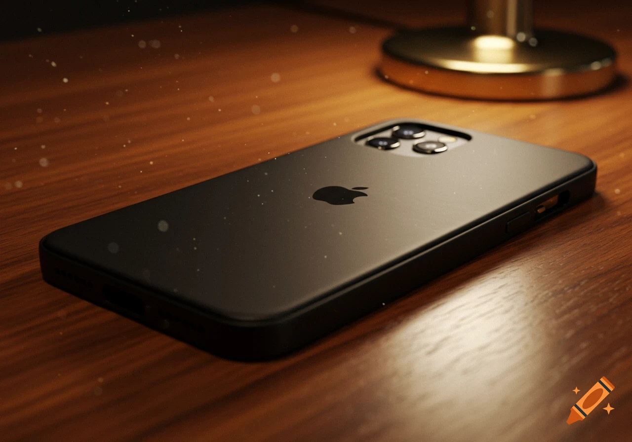 A black iPhone 13 in a matte case, with its visible Apple logo and rear cameras, rests on a wooden table.